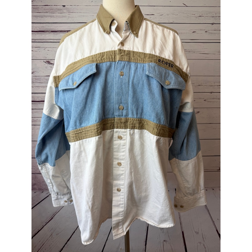 Roper Western Shirt Large Rodeo Cowboy Denim Mens Vintage Colorblock Cotton